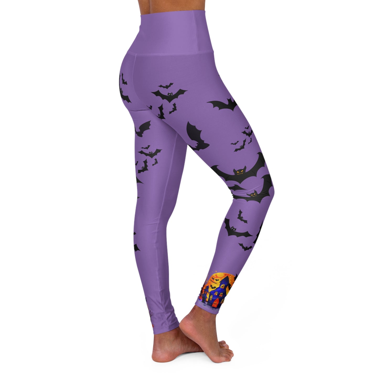 Purple Spooky House and Bats High-Waisted Yoga Leggings - Skinny Fit, Double Layer Waistband, 100% Polyester