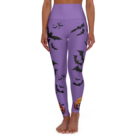 Purple Spooky House and Bats High-Waisted Yoga Leggings - Skinny Fit, Double Layer Waistband, 100% Polyester