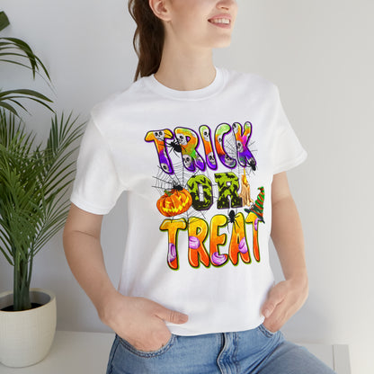 Trick or Treat Delight Halloween Tee - Jack-o'-Lantern, Spider, Witch's Hat, and Candle