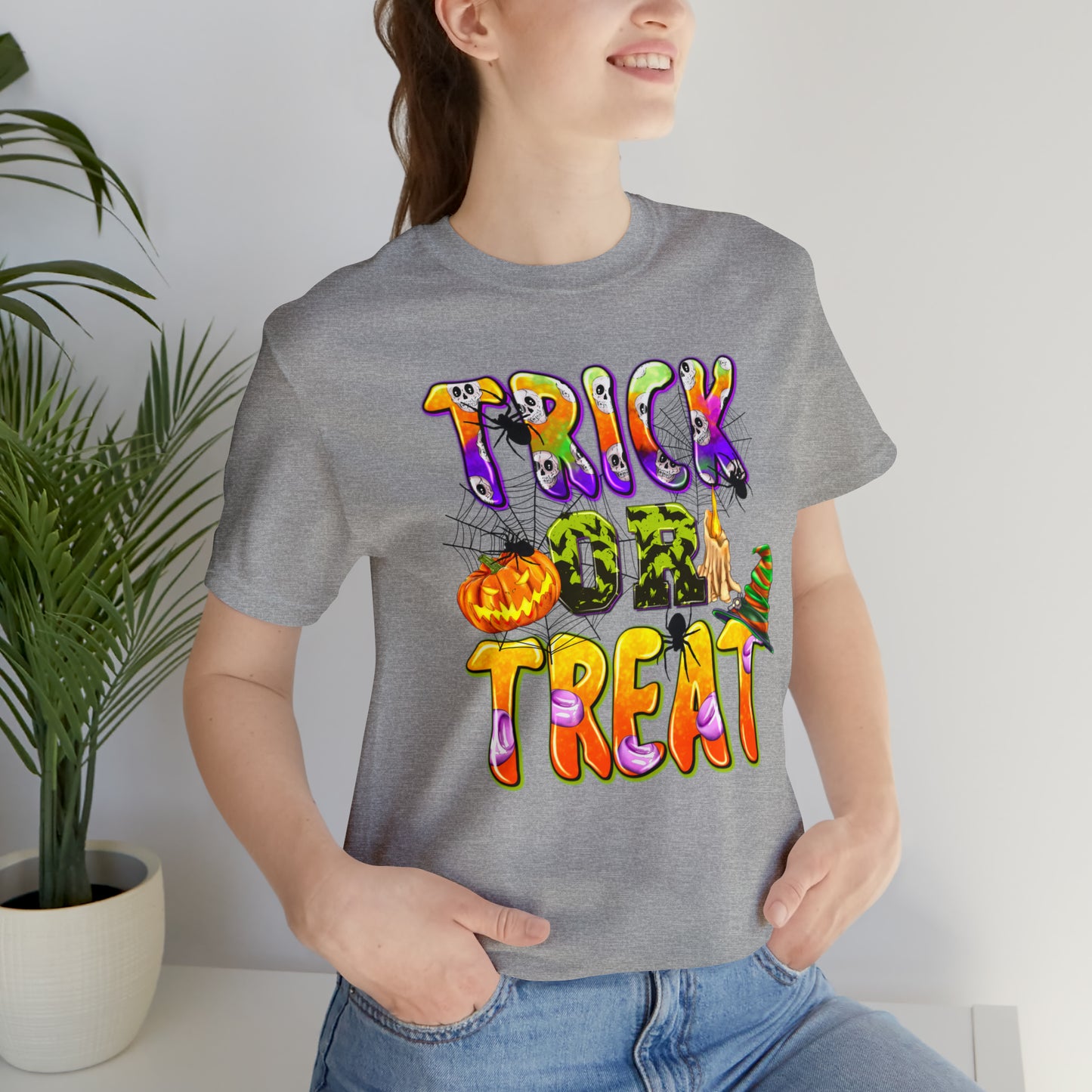 Trick or Treat Delight Halloween Tee - Jack-o'-Lantern, Spider, Witch's Hat, and Candle