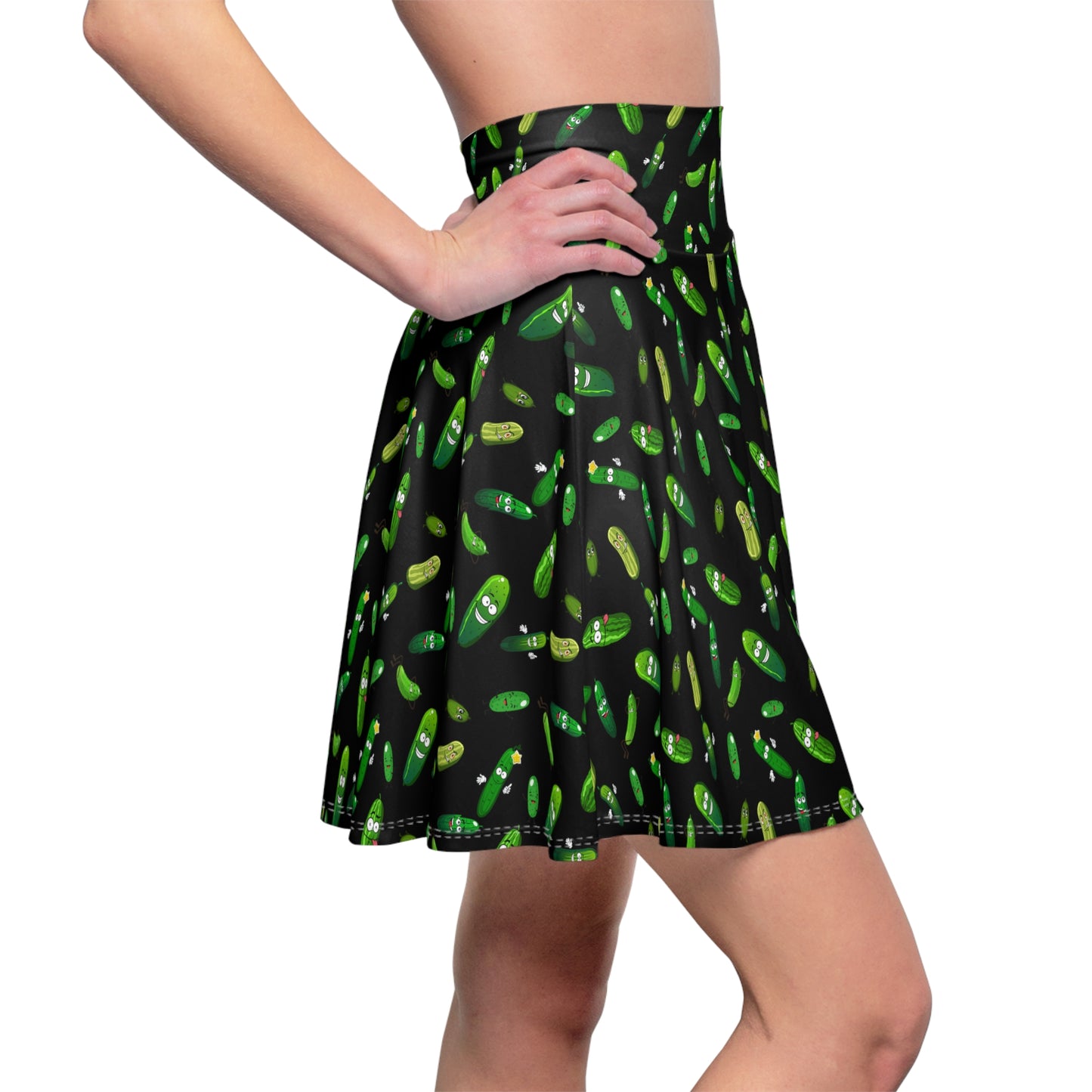 Pickle Party Delight: Black Skater Skirt with Whimsical Pickle Pattern