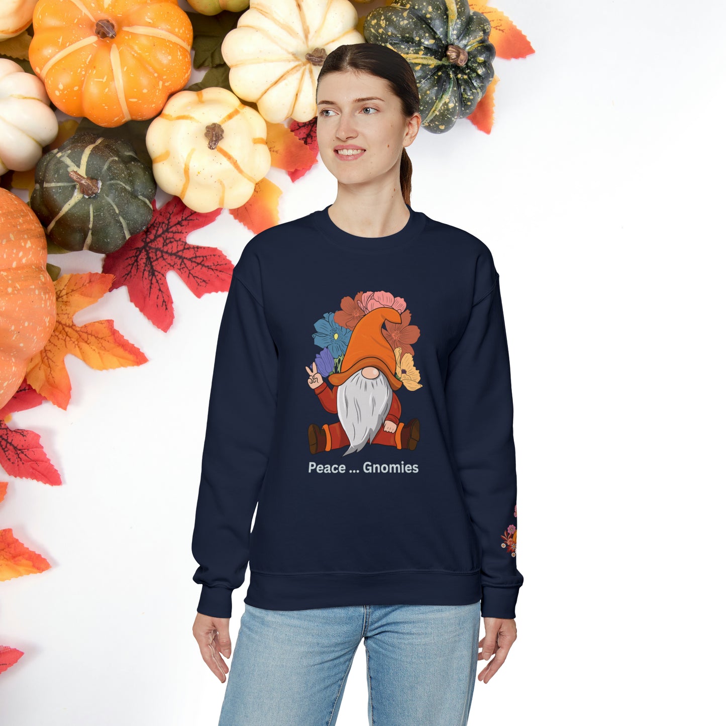 Fall-Themed Gnome Sweatshirt - Peace Gnomies - Cozy Autumn Wear, Crewneck Sweatshirt