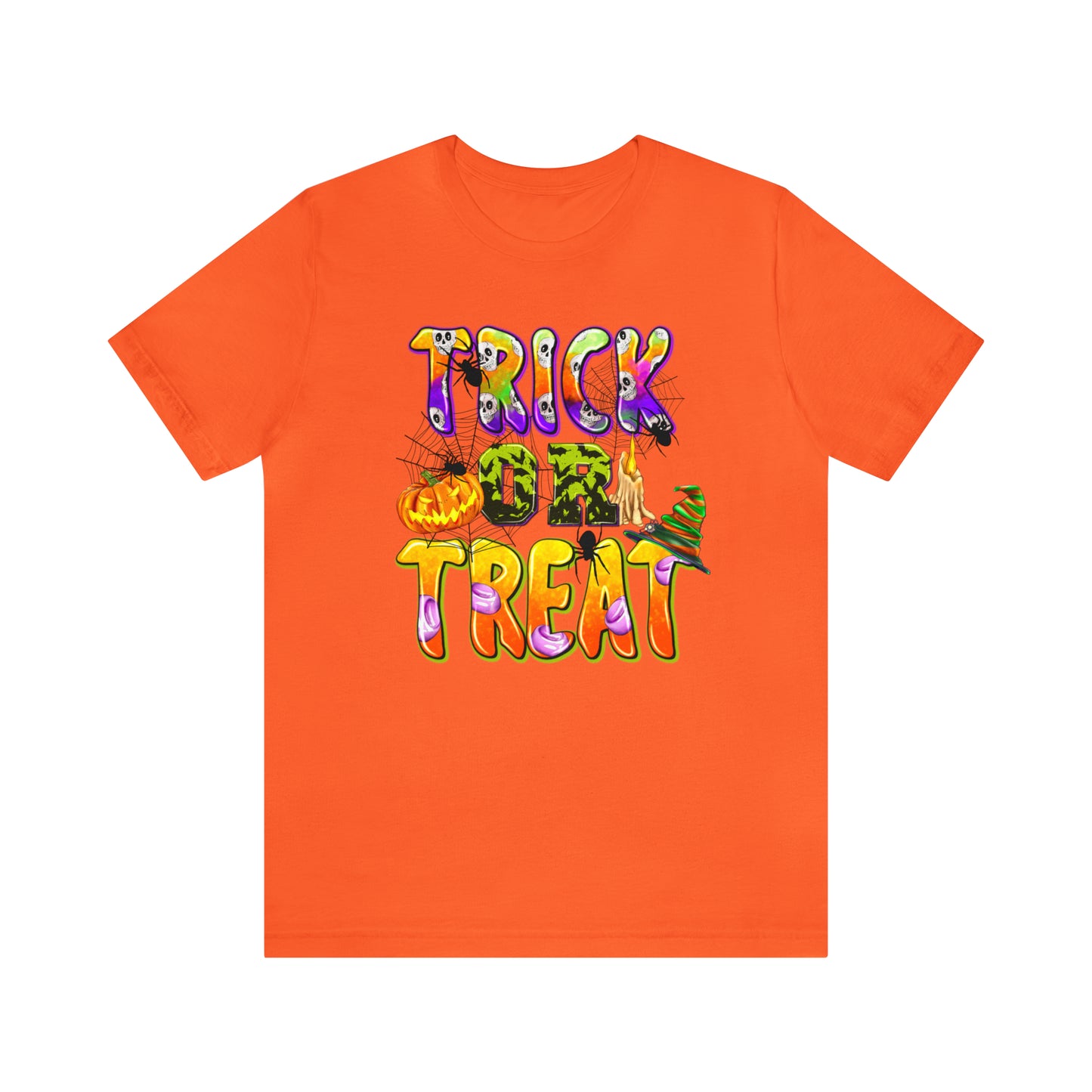 Trick or Treat Delight Halloween Tee - Jack-o'-Lantern, Spider, Witch's Hat, and Candle