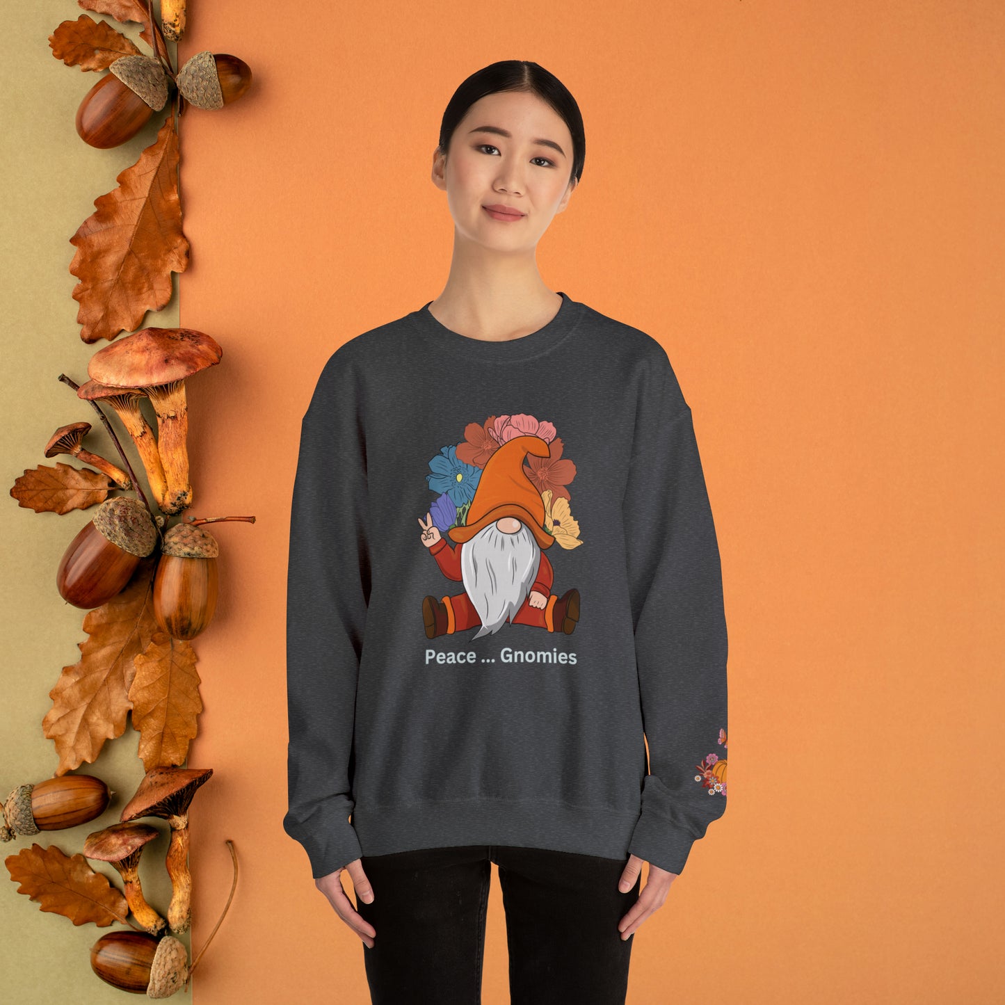 Fall-Themed Gnome Sweatshirt - Peace Gnomies - Cozy Autumn Wear, Crewneck Sweatshirt