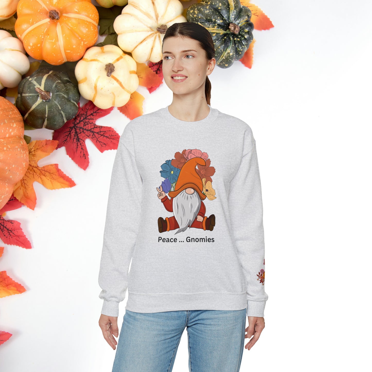 Fall-Themed Gnome Sweatshirt - Peace Gnomies - Cozy Autumn Wear, Crewneck Sweatshirt