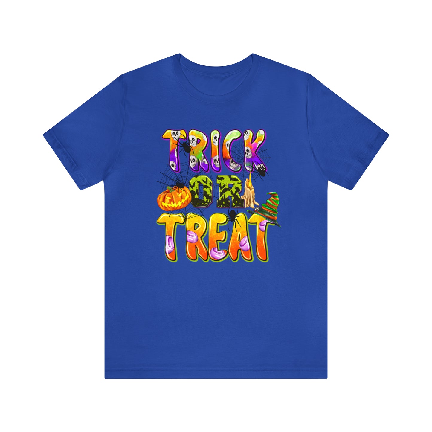 Trick or Treat Delight Halloween Tee - Jack-o'-Lantern, Spider, Witch's Hat, and Candle