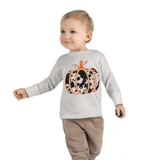 Adorable Festive Fall Cow Print Pumpkin Toddler Shirt with Long Sleeves