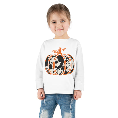 Adorable Festive Fall Cow Print Pumpkin Toddler Shirt with Long Sleeves