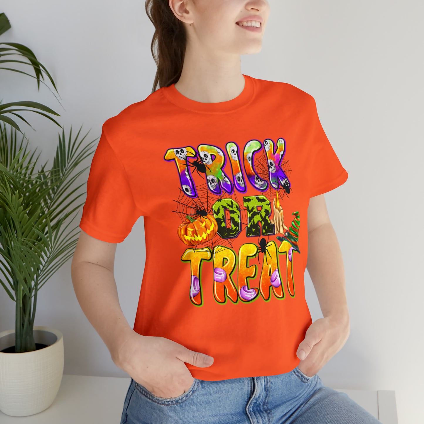 Trick or Treat Delight Halloween Tee - Jack-o'-Lantern, Spider, Witch's Hat, and Candle