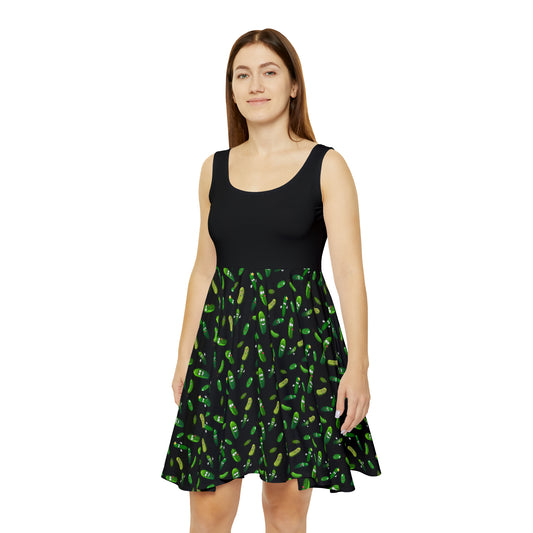 Pickle Party Delight: Black Skater Tank Dress with Whimsical Pickle Pattern