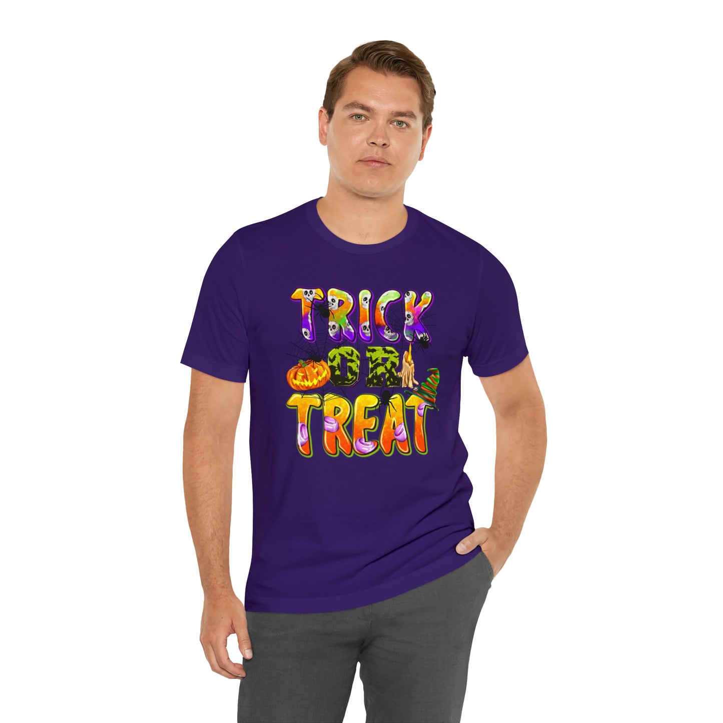 Trick or Treat Delight Halloween Tee - Jack-o'-Lantern, Spider, Witch's Hat, and Candle