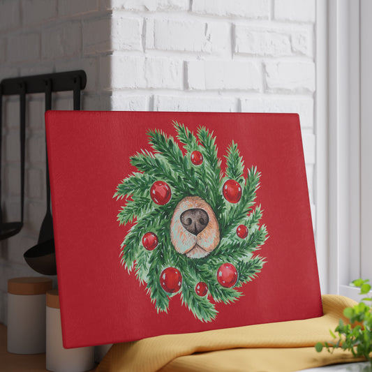 Whimsical Christmas Wreath Glass Cutting Board with Dog Nose - Festive Kitchen Decor in Two Sizes