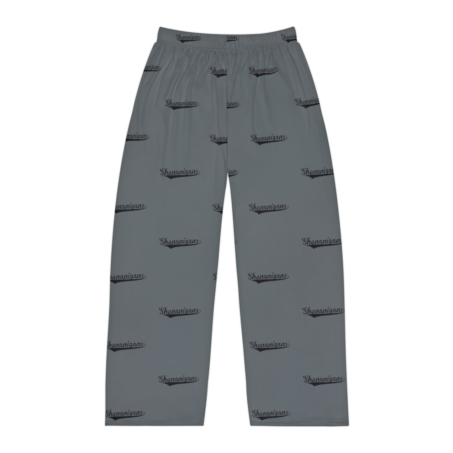 Shenanigans Men's Pajama pants bottoms in dark grey with black text. Funny shenanigans PJ's, St. Patty's day pants.