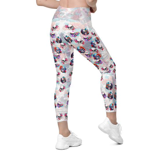 Day of the Dead sugar skull crossover leggings with pockets for Halloween, sizes 2xs - 6xl