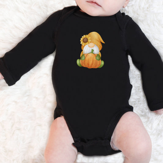 Enchanting Cuddly Gnome and Pumpkin Long-Sleeve Baby Onesie