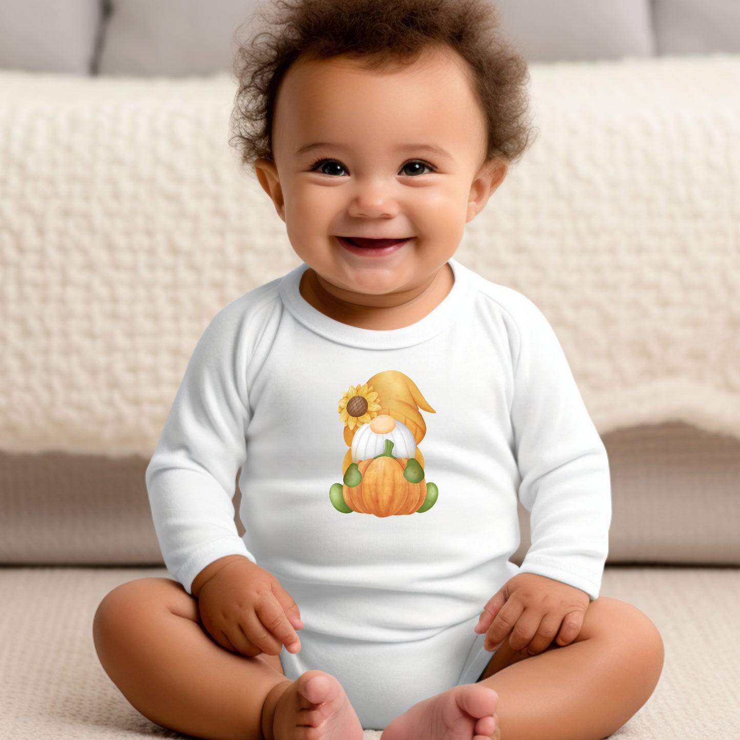 Enchanting Cuddly Gnome and Pumpkin Long-Sleeve Baby Onesie